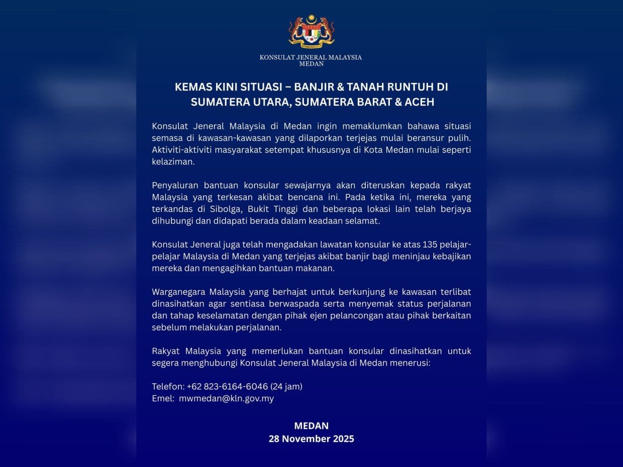 Consulate General: Malaysian citizens stranded in Sumatra floods confirmed safe