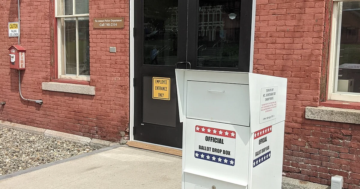 Ballot Drop Box at Town Clerk Office door, 51 Depot Square Suite 101, in downtown St. Johnsbury, Vermont.