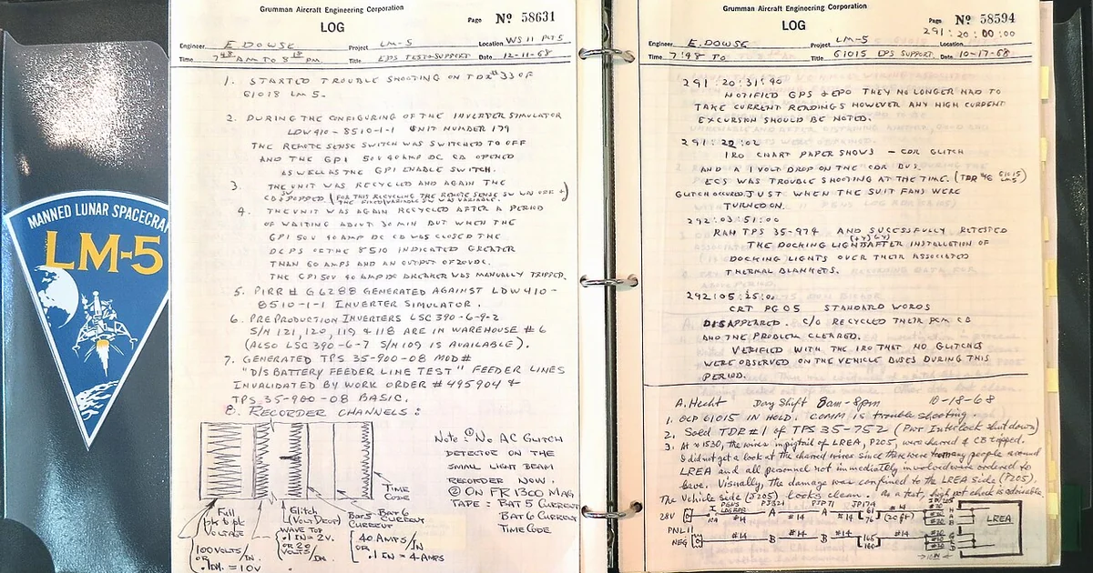 On July 20, 1969, Eagle landed on the moon. These are the handwritten notes from the Grumman engineers as they pushed to complete Lunar Module LM-5 in 1968. On the last page, they learn than this particular Lunar Module would be the one to